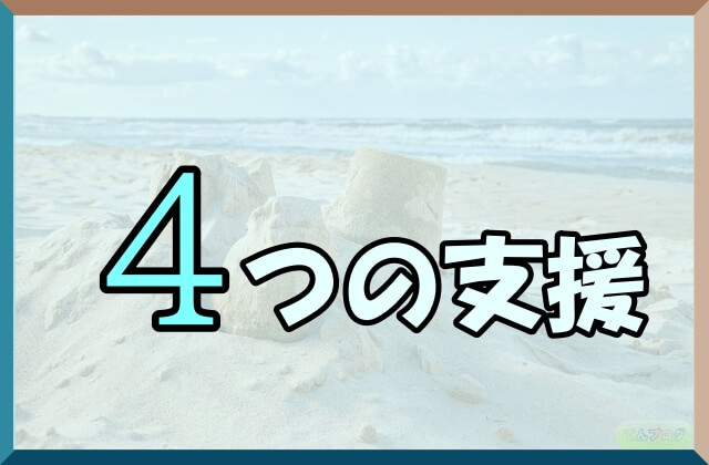 砂浜と「4つの支援」の文字